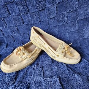 Women’s Cream Leather Boat Shoes with Gold Accents